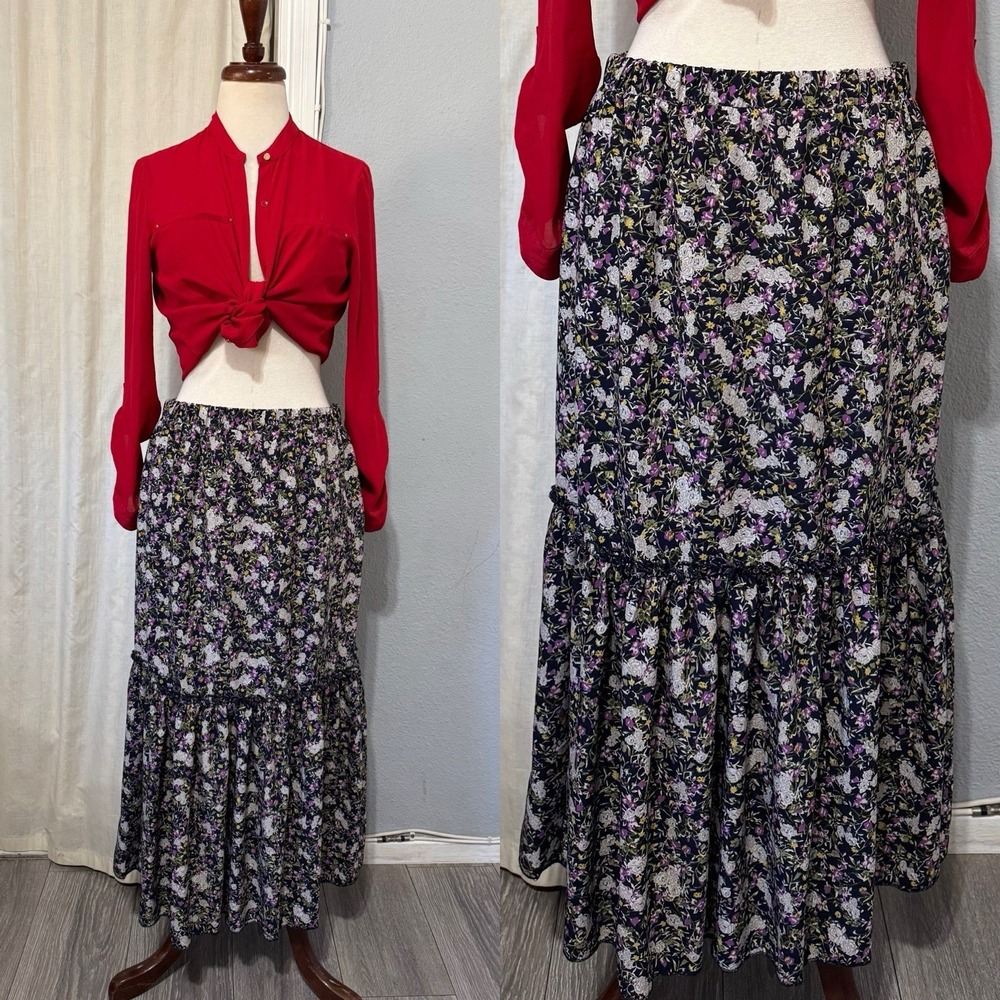 Cottagecore Metrowear Women's Midi Skirt Sz M‎ Floral Lined Tiered Elastic Waist